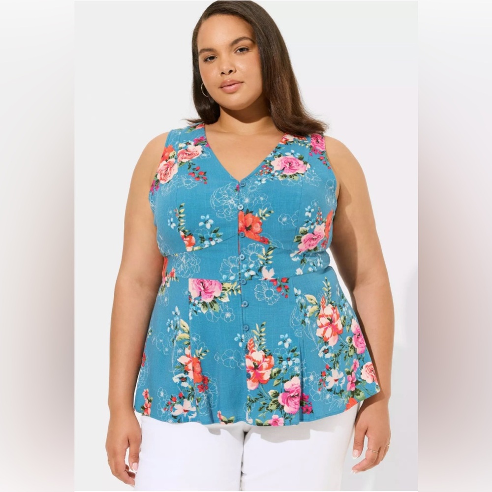 Torrid Blue Floral Rayon Slub Peplum Tank  Waist Tie Size 1X (14-16)